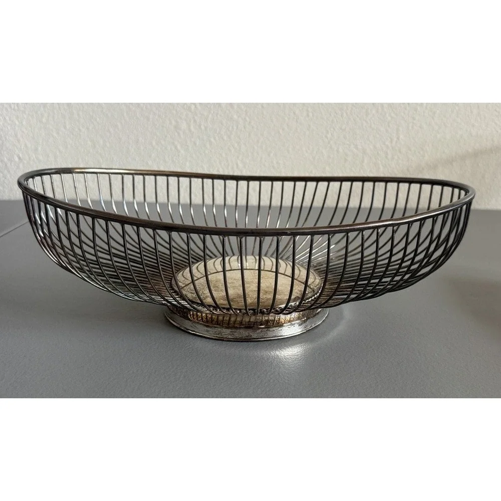 Vintage Leonard Silverplate Wire Fruit Basket MCM Oval Bread Bowl Hong Kong